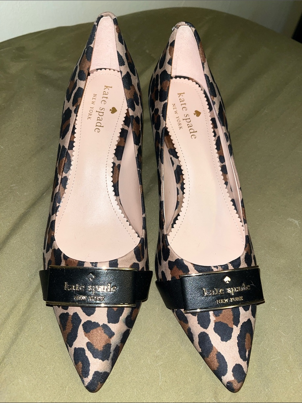 kate spade Leopard Print Pointed Toe Kitten Heels with Black band